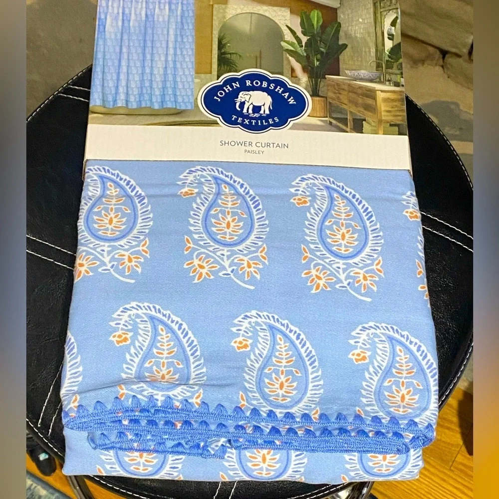 John Robshaw Textiles Paisley Luxury Embroidered Edge Blue Fabric Shower Curtain